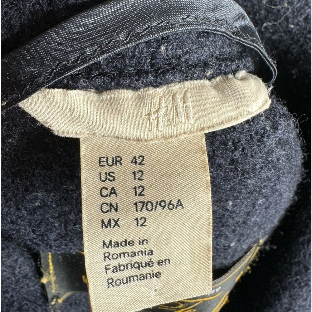 H&M Italian Wool Navy Blue Coat Jacket Women Size 12 Button Nova Fides Italy - Picture 4 of 4